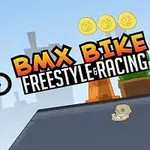 Piirroshahmo ajaa BMX-pyörällä rampilla taustalla kolikot ja kaupungin siluetti