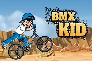 Piirroskuva pojasta sinisessä asussa ajamassa BMX-pyörällä aavikkomaisemassa