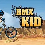 Piirroskuva pojasta sinisessä asussa ajamassa BMX-pyörällä aavikkomaisemassa