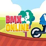 Piirroshahmo ajaa BMX-pyörällä värikkäässä maisemassa, missä taustalla on pilviä ja puita, ja vieressä lukee BMX Online