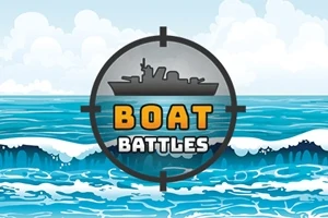 Sini-valkoinen meri ja taivas taustalla, edessä tähtäin, jossa on laivan siluetti ja teksti BOAT BATTLES