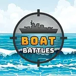 Sini-valkoinen meri ja taivas taustalla, edessä tähtäin, jossa on laivan siluetti ja teksti BOAT BATTLES