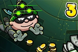 Bob the Robber 3 Sarjakuvamainen hahmo mustissa, varustautuneena yöllä nähtävillä laseilla, kerää kultakolikoita vihreässä valaistuksessa