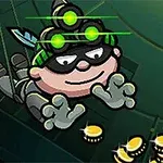 Bob the Robber 3 Sarjakuvamainen hahmo mustissa, varustautuneena yöllä nähtävillä laseilla, kerää kultakolikoita vihreässä valaistuksessa
