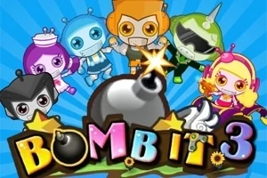 Viisi värikästä robotti-hahmoa ja iso pommi värikkäällä taustalla, tekstillä Bomb It 3