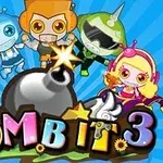 Viisi värikästä robotti-hahmoa ja iso pommi värikkäällä taustalla, tekstillä Bomb It 3