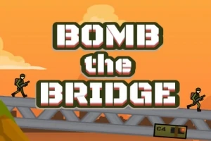 Sotilaat kulkevat sillalla C4-paketin vieressä, ja taustalla näkyy oranssi taivas, jonka yläpuolella on suurikokoinen teksti Bomb the Bridge