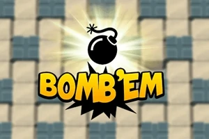 Pommin muotoinen symboli ja teksti BOMBEM kirkkaan taustan edessä