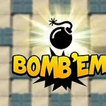 Pommin muotoinen symboli ja teksti BOMBEM kirkkaan taustan edessä
