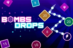 Kuvassa on neonvärisiä numeroituja laatikoita, valkoisia palloja ja teksti BOMBS DROPS violetilla taustalla