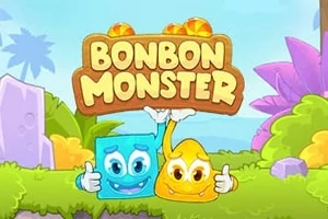 Kaksi sarjakuvamaista hahmoa, sininen neliö ja keltainen pisara, hymyilevät peukalot pystyssä tekstin Bonbon Monster alla värikkäässä ympäristössä