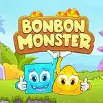 Kaksi sarjakuvamaista hahmoa, sininen neliö ja keltainen pisara, hymyilevät peukalot pystyssä tekstin Bonbon Monster alla värikkäässä ympäristössä