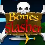 Kallo ja ristissä olevat luut taustalla, keskellä puinen kyltti tekstillä Bones Slasher ja sen alla miekka