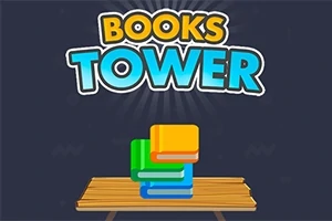 Kirjojen torni puisella pöydällä tummalla taustalla, ja yläpuolella teksti BOOKS TOWER