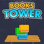 Kirjojen torni puisella pöydällä tummalla taustalla, ja yläpuolella teksti BOOKS TOWER