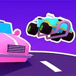 Kaksi piirrosautoa, vaaleanpunainen ja sininen, leijuu violetilla taustalla abstraktin tien päällä