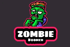 Vihreä zombie oranssilla hiusnauhalla ja muodikkaasti piirretyt kädet pitää ZOMBIE BOOMER -tekstiä pinkissä rajauksessa mustalla ja valkoisella taustalla