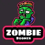 Vihreä zombie oranssilla hiusnauhalla ja muodikkaasti piirretyt kädet pitää ZOMBIE BOOMER -tekstiä pinkissä rajauksessa mustalla ja valkoisella taustalla