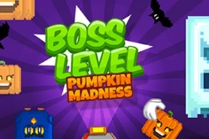 Violetti tausta, tekstit BOSS LEVEL ja PUMPKIN MADNESS vihreällä ja oranssilla, ympärillä kurpitsoja ja lepakoita