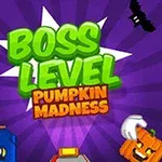 Violetti tausta, tekstit BOSS LEVEL ja PUMPKIN MADNESS vihreällä ja oranssilla, ympärillä kurpitsoja ja lepakoita