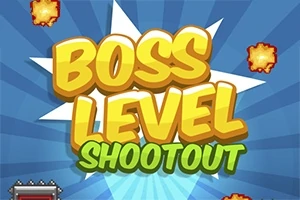 Värikäs teksti BOSS LEVEL SHOOTOUT sinisellä taustalla, ympärillä pieniä räjähdyksiä