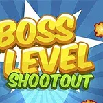 Värikäs teksti BOSS LEVEL SHOOTOUT sinisellä taustalla, ympärillä pieniä räjähdyksiä