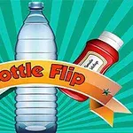 Vesipullo keskellä, taustalla maitopakkaus vasemmalla ja ketsuppipullo oikealla, edessä nauha tekstillä Bottle Flip