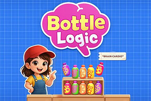 Värikäs sarjakuvatyttö seisoo juomapullohyllyn vieressä sinisellä ruudukkotaustalla ja pinkin Bottle Logic -logon alla