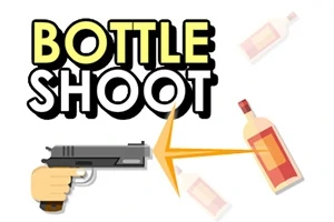 Käsipiirretty pistooli ampuu pullon, ja taustalla on teksti BOTTLE SHOOT