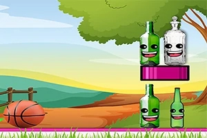 Bottle Shooter Piirrosmaisema, jossa on nauravia pulloja ja koripallo, taustalla puu ja vaaleansininen taivas