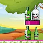 Bottle Shooter Piirrosmaisema, jossa on nauravia pulloja ja koripallo, taustalla puu ja vaaleansininen taivas
