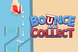 Kuvassa on käsi, joka kaataa valkoisia palloja punaisesta mukista kohti sinistä labyrinttia, ja mukana on teksti Bounce and Collect