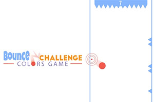 Valkoisella taustalla on sinisiä reunoja ja piikkejä, värikäs Bounce Colors -teksti sekä spiraalikuvio ja punainen pallo