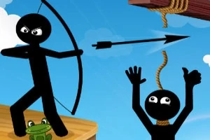 Kaksi tikku-ukkoa, joista toinen ampuu jousella nuolta katkaistakseen köyden, joka on kiinnitetty toisen tikku-ukon kaulaan; taustalla sininen taivas ja pilviä
