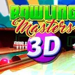 Värikäs keilarata, jossa keilat ja keilat kaatuvat, ja etualalla teksti Bowling Masters 3D