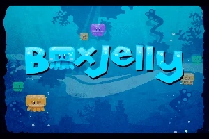 Sinisävyisessä vedenalaisessa ympäristössä on siniset sanat Box Jelly ja ympärillä värikkäitä neliön muotoisia meduusoja