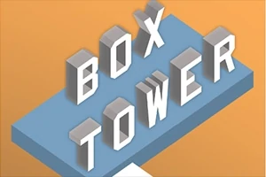 Kolmiulotteiset valkoiset kirjaimet muodostavat sanat BOX TOWER sinisellä alustalla oranssia taustaa vasten