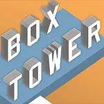 Kolmiulotteiset valkoiset kirjaimet muodostavat sanat BOX TOWER sinisellä alustalla oranssia taustaa vasten
