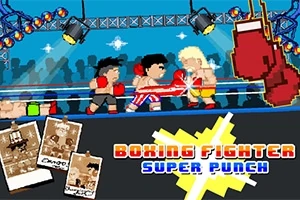 Pikselitaidetyylisessä kuvassa kaksi nyrkkeilijää ottelee kehässä kirkkaiden valojen alla, ja alalaidassa lukee teksti Boxing Fighter Super Punch