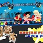 Pikselitaidetyylisessä kuvassa kaksi nyrkkeilijää ottelee kehässä kirkkaiden valojen alla, ja alalaidassa lukee teksti Boxing Fighter Super Punch