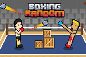 Kaksi pikselitaiteista nyrkkeilijää nyrkkeilykehässä, keskellä puisia laatikoita, yläpuolella teksti Boxing Random