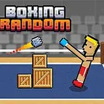 Kaksi pikselitaiteista nyrkkeilijää nyrkkeilykehässä, keskellä puisia laatikoita, yläpuolella teksti Boxing Random