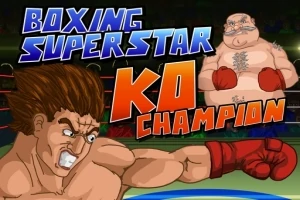 Kuvassa on animaatio kahdesta nyrkkeilijästä kehässä, joista toinen lyö koukkua ja taustalla on teksti Boxing Superstar KO Champion