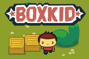 Hahmo seisoo kahden laatikon vieressä vihreällä taustalla, yläpuolella on teksti BOXKID