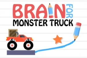 Punainen monsteriauto ajaa sinisellä viivalla, taustalla teksti ja oranssi tähti