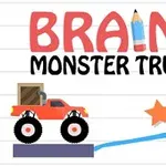 Punainen monsteriauto ajaa sinisellä viivalla, taustalla teksti ja oranssi tähti