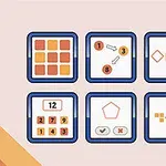 Kuusi neliön muotoista kuvaketta, joissa on erilaisia geometrisia muotoja ja numeroita vaaleanpunaisella taustalla