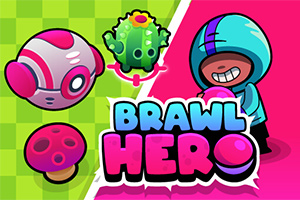 Värikäs kuva, jossa on piirretty hahmo sinisessä hupparissa, pyöreitä esineitä ja teksti BRAWL HERO