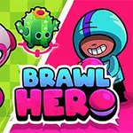 Värikäs kuva, jossa on piirretty hahmo sinisessä hupparissa, pyöreitä esineitä ja teksti BRAWL HERO