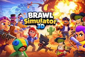 Värikäs piirrosmainen toimintajuliste, jossa useita sarjakuvamaisia hahmoja aseiden kanssa aavikolla, taustalla suuri räjähdys ja teksti BRAWL Simulator 3D